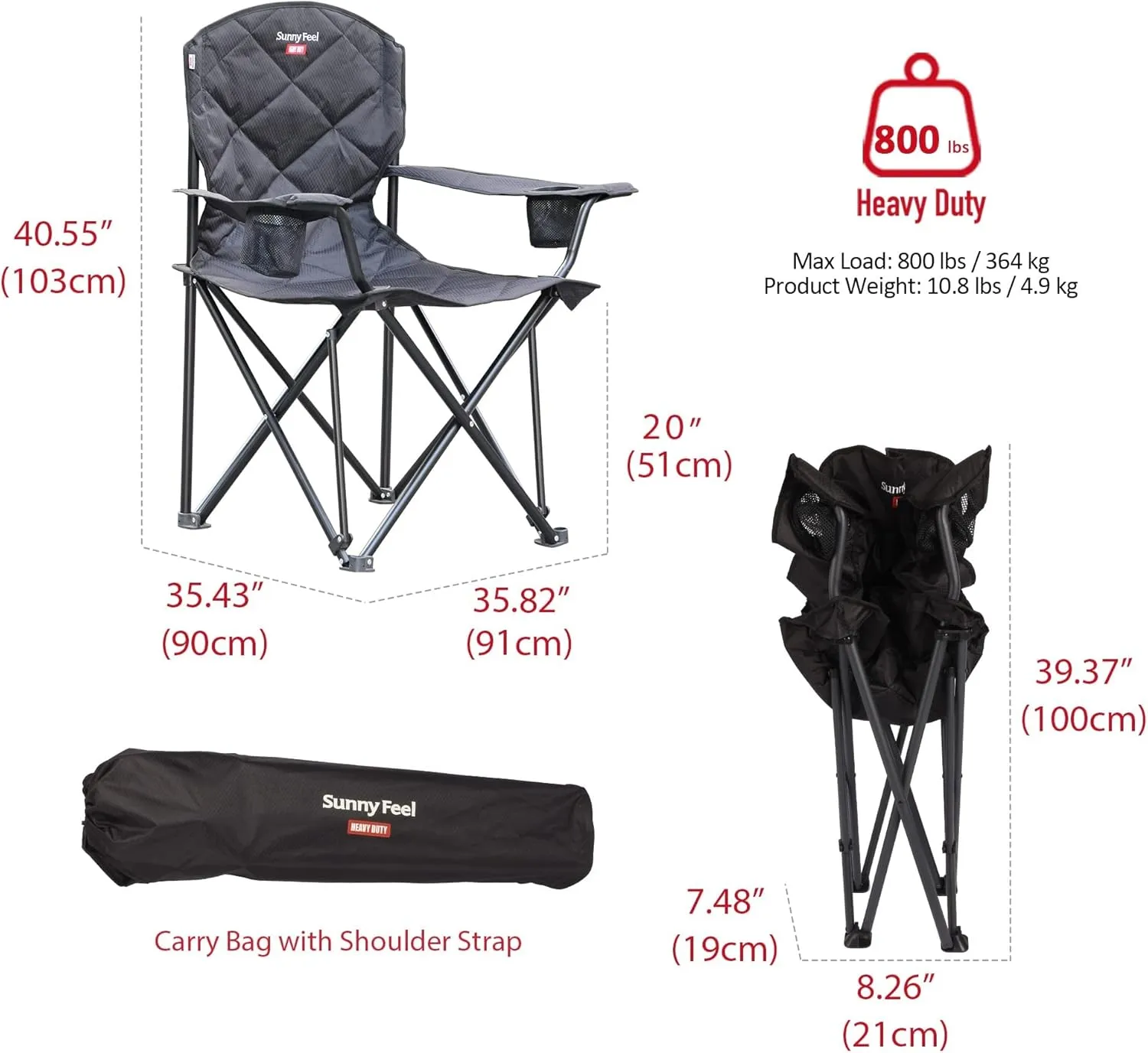 SUNNYFEEL XXL Oversized Camping Chair Heavy Duty 800 LBS for Big Tall People Above 6'4 Padded Portable Folding Sports Lawn Chairs with Armrest Cup Holder & Pocket for Outdoor/Travel/Picnic/Camp