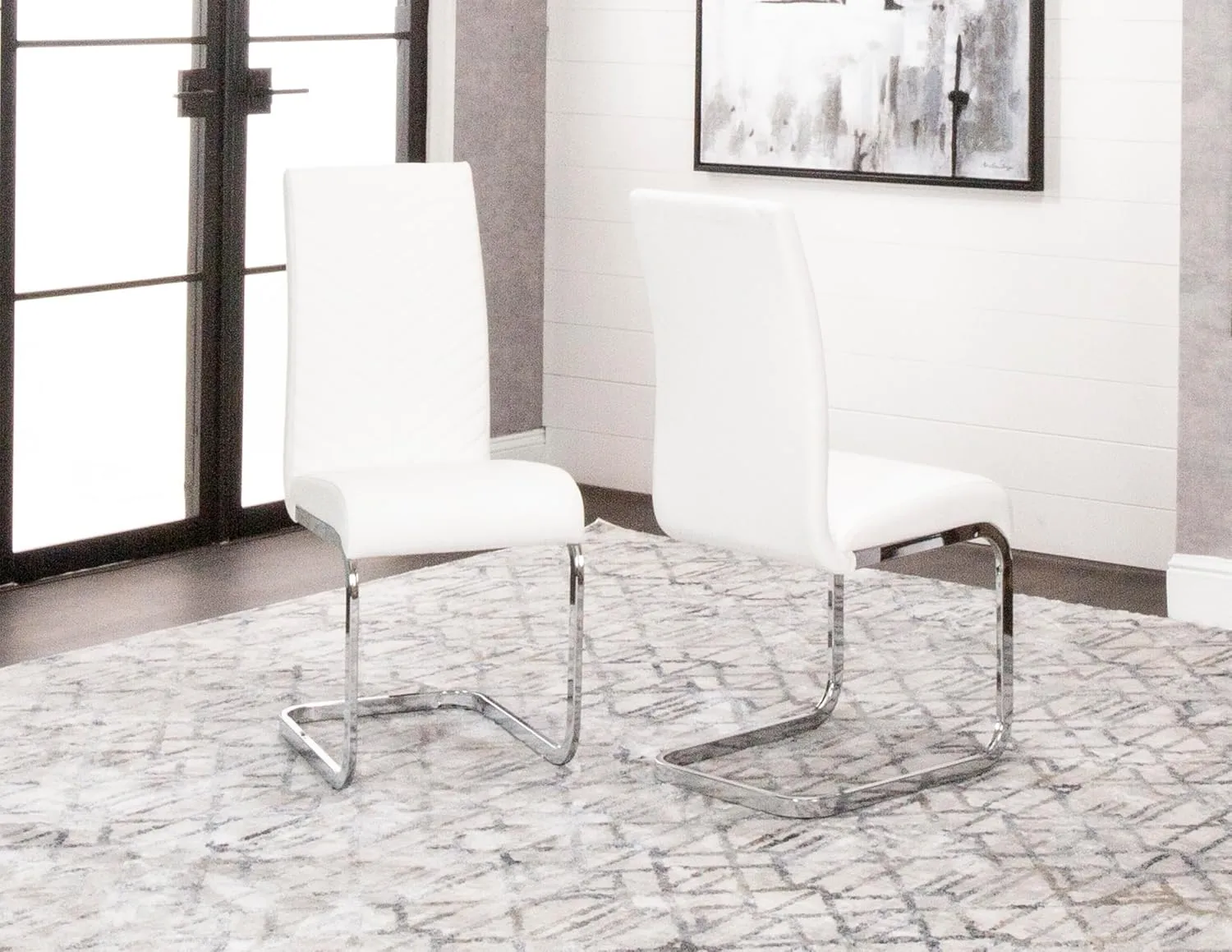 Sunset Trading Mist Faux Leather Dining Chairs | S-Shaped Polished Chrome Cantilever Base | White Padded Faux Leather Seats and High Back | Set of 2 | Contemporary, Modern Kitchen Accent Sidechair