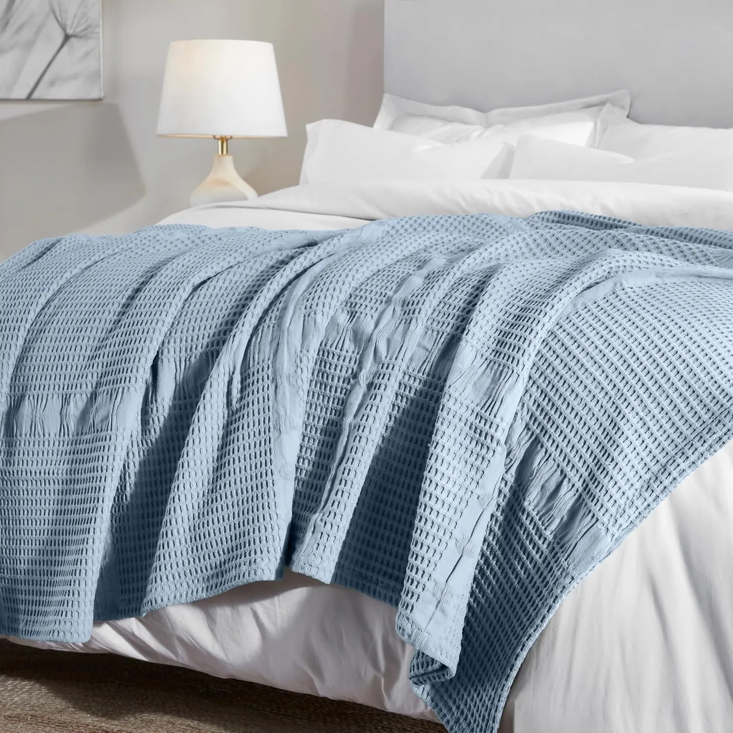 Superior Waffle Weave Cotton Blanket, Comfy Blanket for Bedroom Decor, Picnic, Beach, Traveling, Bedding Essentials, Bed Cover, Couch, Lounging, Geometric Design, Mai Collection, King, Light Blue