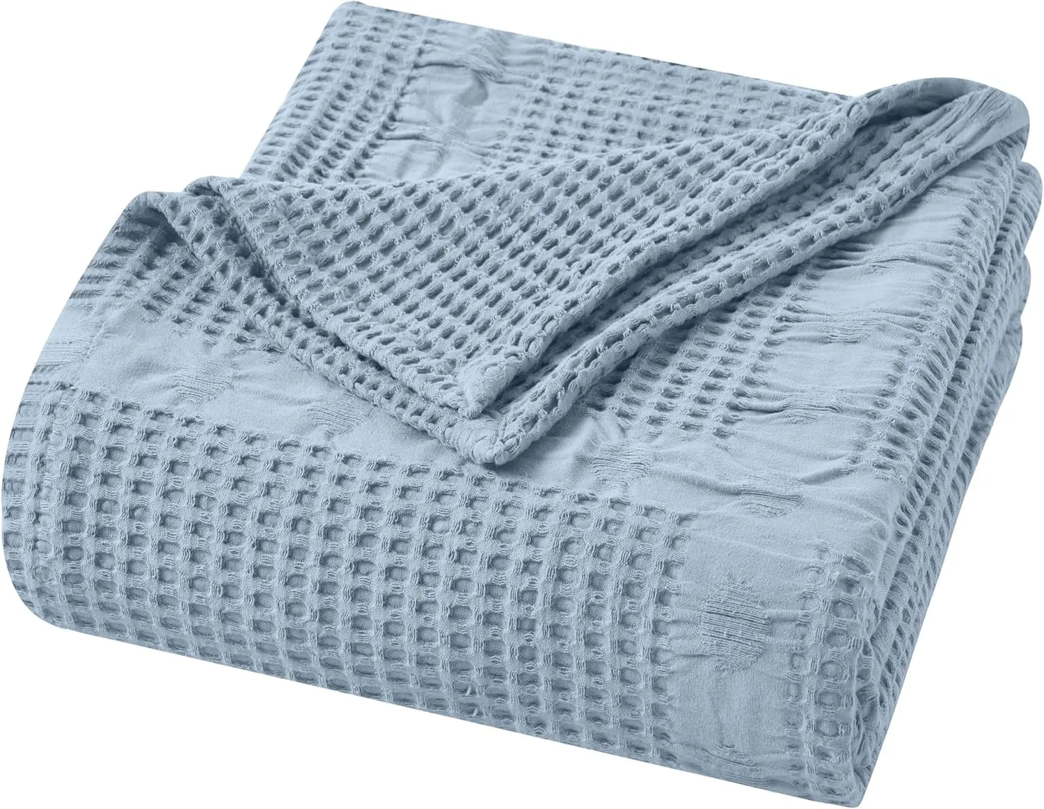 Superior Waffle Weave Cotton Blanket, Comfy Blanket for Bedroom Decor, Picnic, Beach, Traveling, Bedding Essentials, Bed Cover, Couch, Lounging, Geometric Design, Mai Collection, King, Light Blue