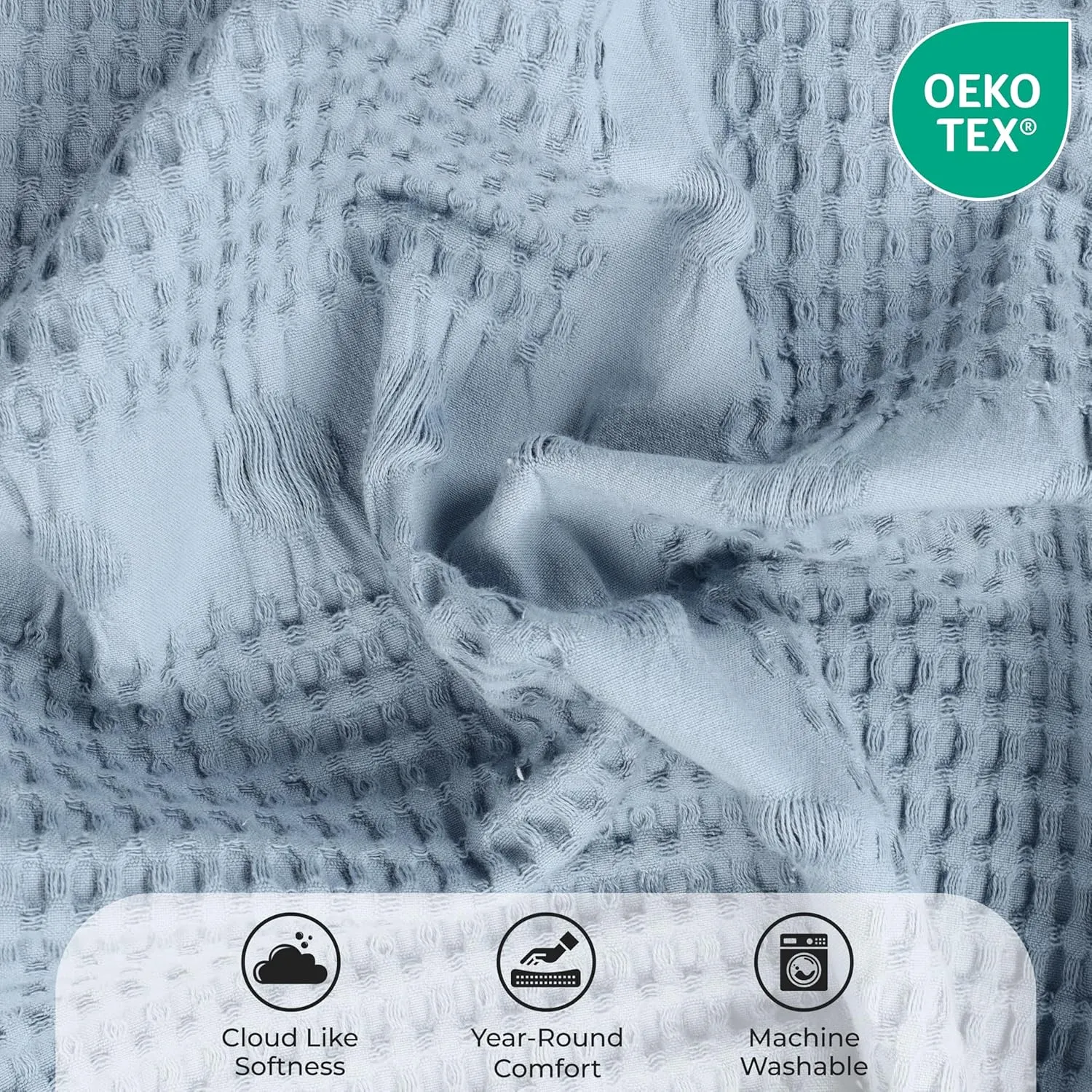 Superior Waffle Weave Cotton Blanket, Comfy Blanket for Bedroom Decor, Picnic, Beach, Traveling, Bedding Essentials, Bed Cover, Couch, Lounging, Geometric Design, Mai Collection, King, Light Blue