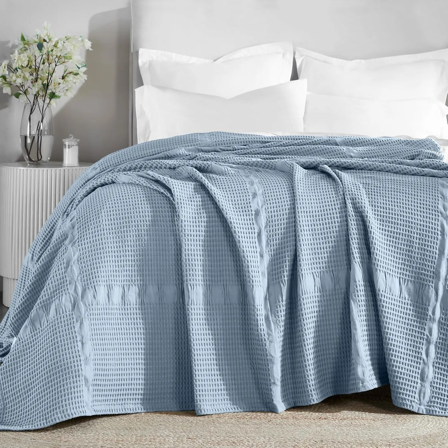 Superior Waffle Weave Cotton Blanket, Comfy Blanket for Bedroom Decor, Picnic, Beach, Traveling, Bedding Essentials, Bed Cover, Couch, Lounging, Geometric Design, Mai Collection, King, Light Blue