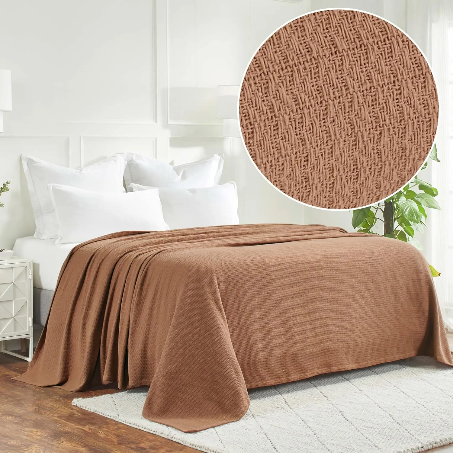 Superior Waffle Weave Cotton Blanket, for Picnic, Beach, Traveling or Camping, Comfy Blanket, Bedroom Decor, Essentials, Cover for Bed, Couch, Lounging, Honeycomb Knit, Twin, Camel