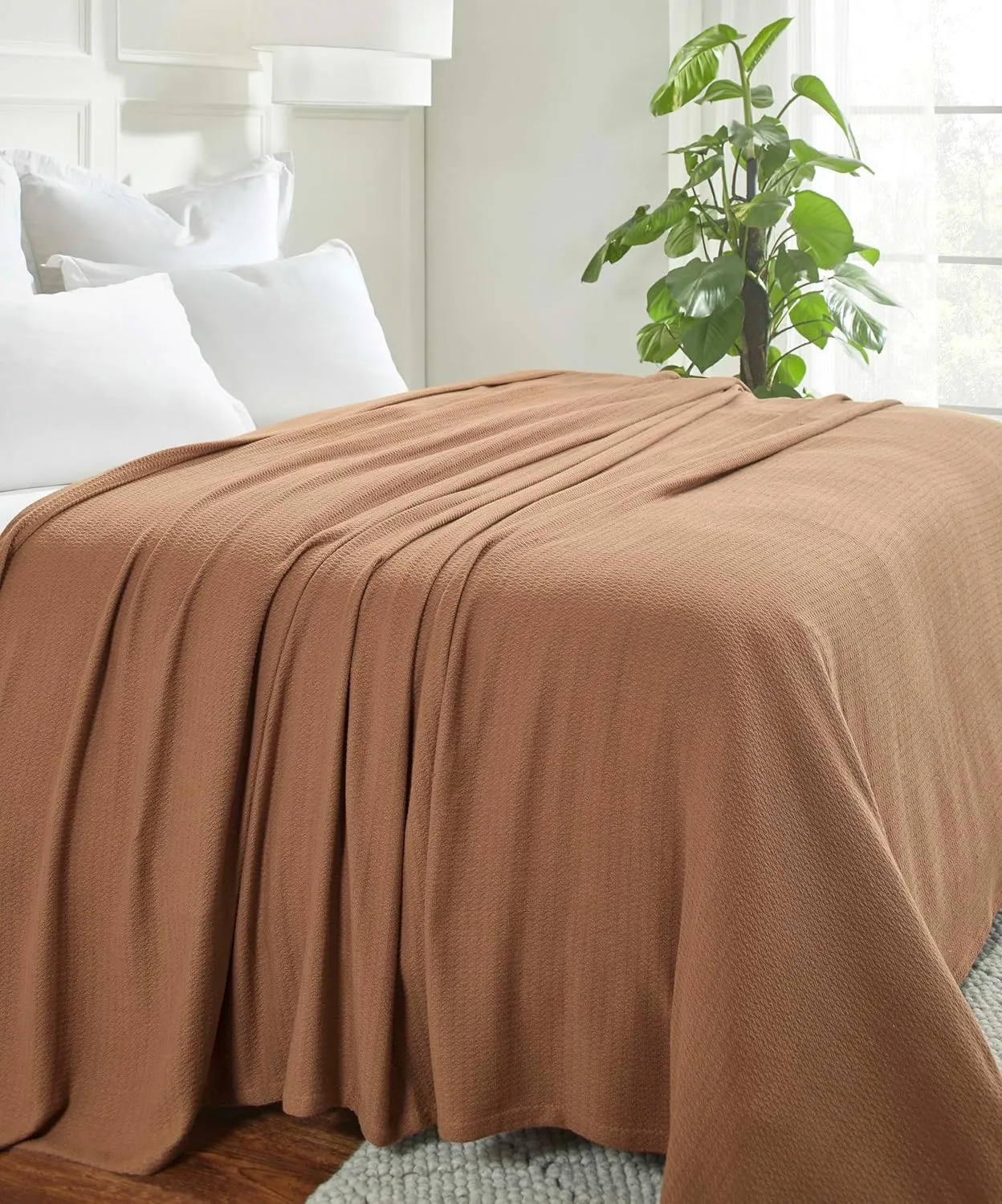 Superior Waffle Weave Cotton Blanket, for Picnic, Beach, Traveling or Camping, Comfy Blanket, Bedroom Decor, Essentials, Cover for Bed, Couch, Lounging, Honeycomb Knit, Twin, Camel