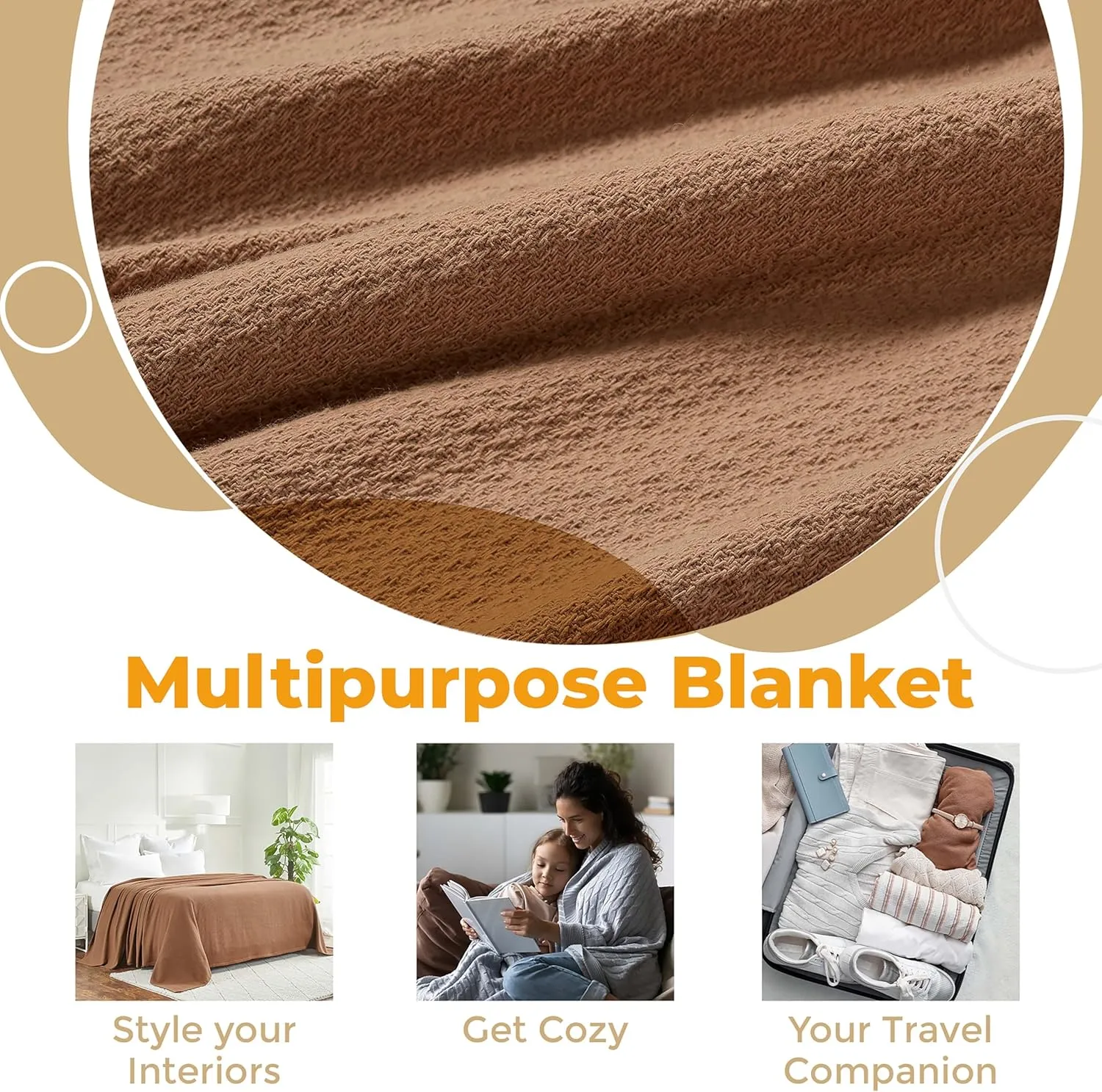 Superior Waffle Weave Cotton Blanket, for Picnic, Beach, Traveling or Camping, Comfy Blanket, Bedroom Decor, Essentials, Cover for Bed, Couch, Lounging, Honeycomb Knit, Twin, Camel