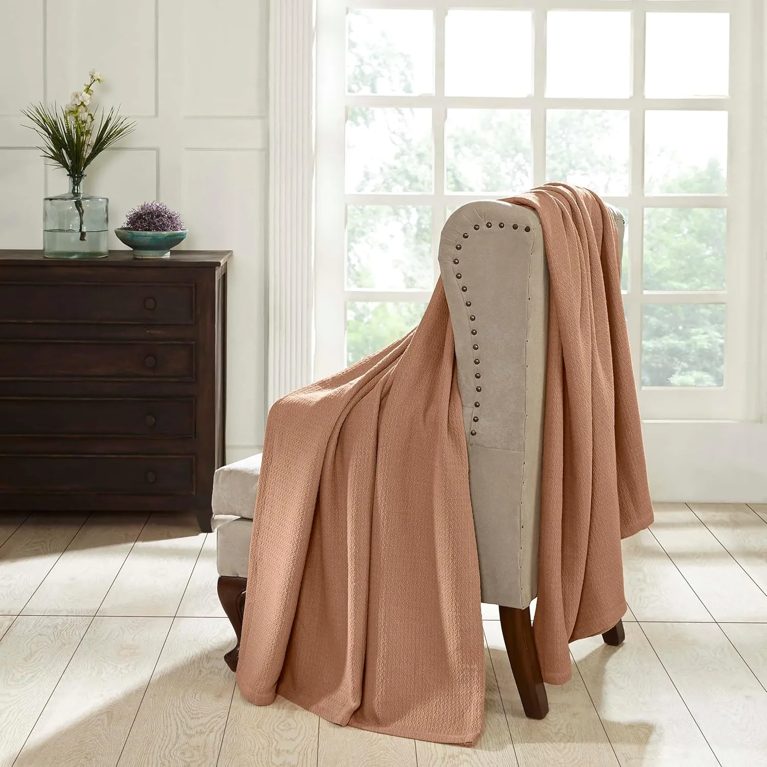 Superior Waffle Weave Cotton Blanket, for Picnic, Beach, Traveling or Camping, Comfy Blanket, Bedroom Decor, Essentials, Cover for Bed, Couch, Lounging, Honeycomb Knit, Twin, Camel