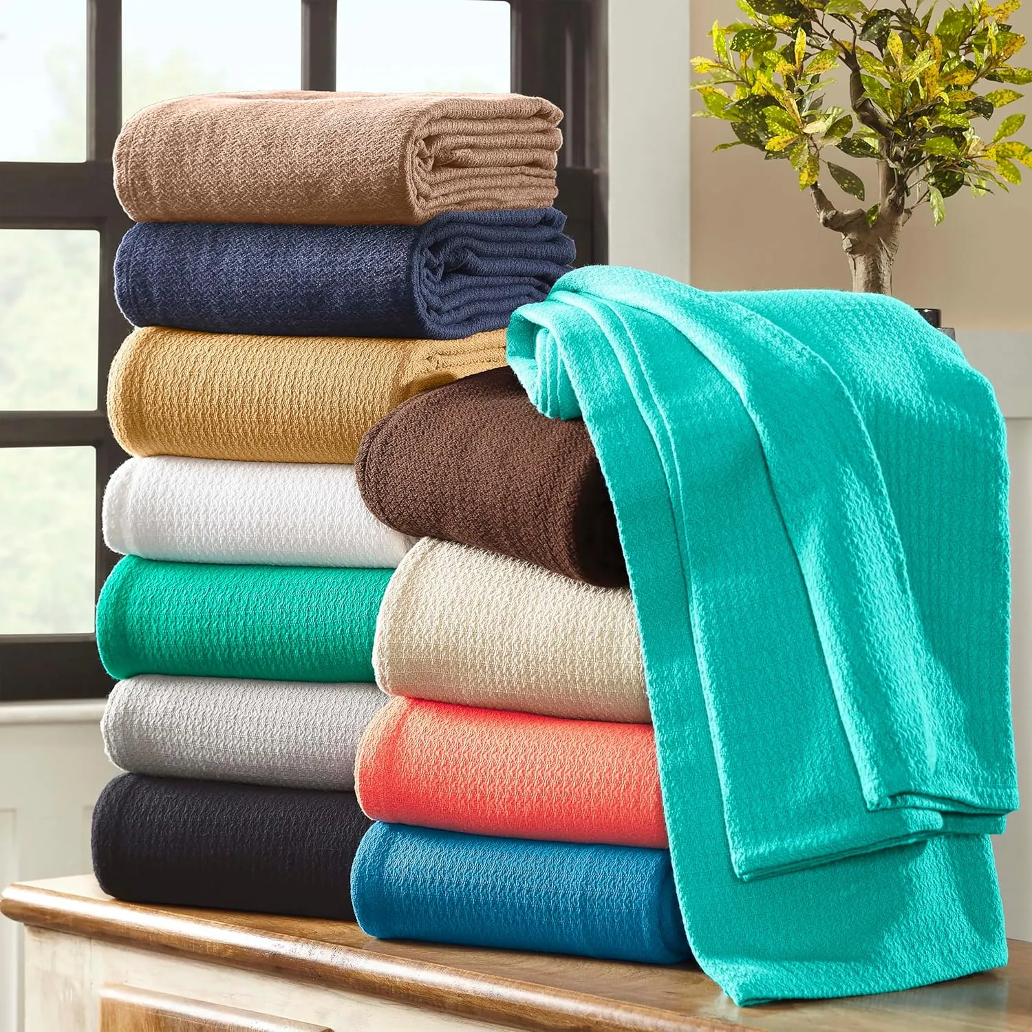 Superior Waffle Weave Cotton Blanket, for Picnic, Beach, Traveling or Camping, Comfy Blanket, Bedroom Decor, Essentials, Cover for Bed, Couch, Lounging, Honeycomb Knit, Twin, Coral