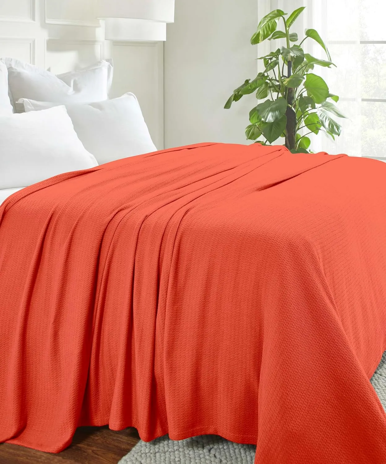 Superior Waffle Weave Cotton Blanket, for Picnic, Beach, Traveling or Camping, Comfy Blanket, Bedroom Decor, Essentials, Cover for Bed, Couch, Lounging, Honeycomb Knit, Twin, Coral