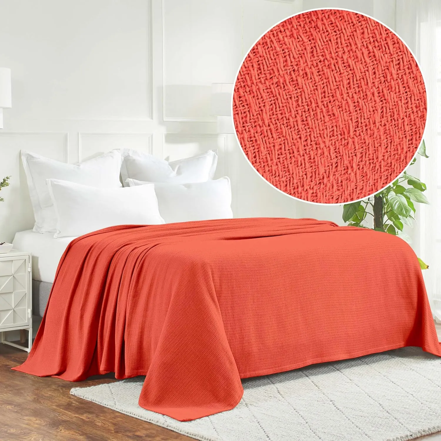 Superior Waffle Weave Cotton Blanket, for Picnic, Beach, Traveling or Camping, Comfy Blanket, Bedroom Decor, Essentials, Cover for Bed, Couch, Lounging, Honeycomb Knit, Twin, Coral