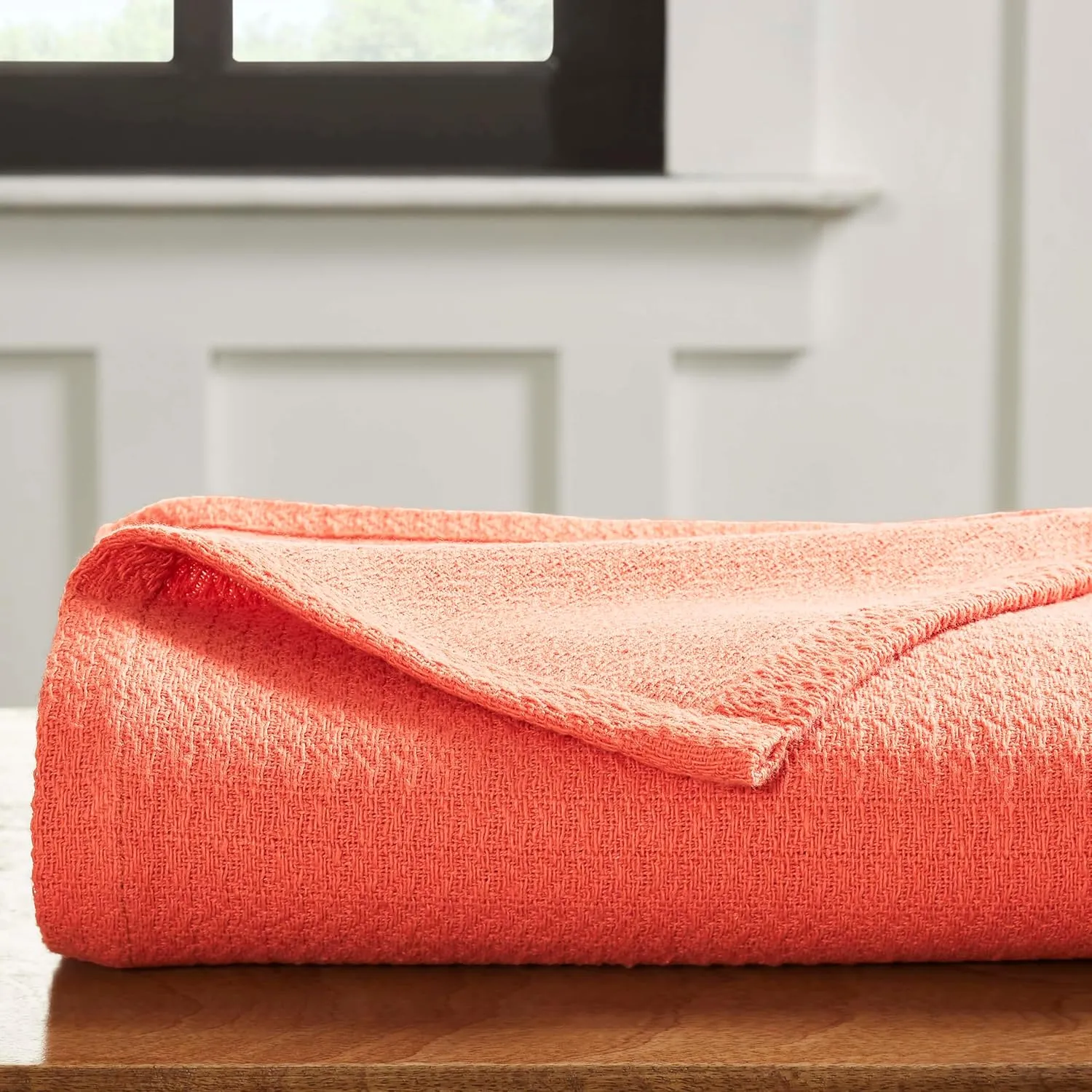 Superior Waffle Weave Cotton Blanket, for Picnic, Beach, Traveling or Camping, Comfy Blanket, Bedroom Decor, Essentials, Cover for Bed, Couch, Lounging, Honeycomb Knit, Twin, Coral