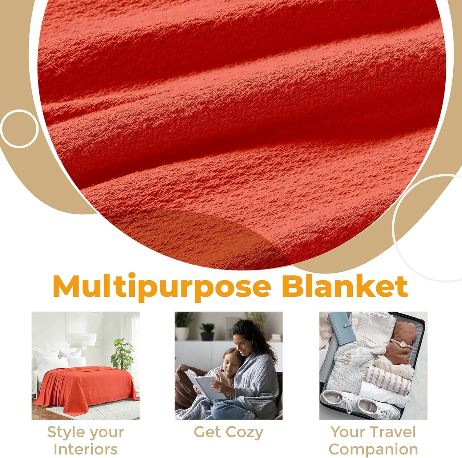 Superior Waffle Weave Cotton Blanket, for Picnic, Beach, Traveling or Camping, Comfy Blanket, Bedroom Decor, Essentials, Cover for Bed, Couch, Lounging, Honeycomb Knit, Twin, Coral