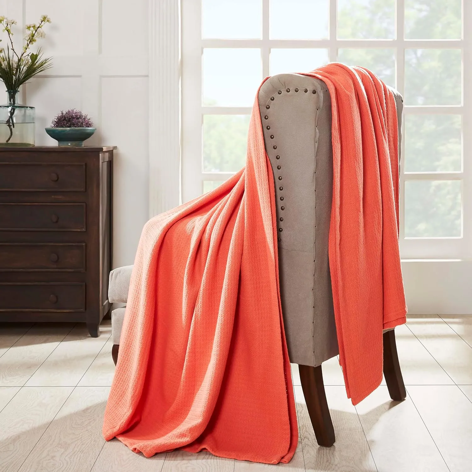 Superior Waffle Weave Cotton Blanket, for Picnic, Beach, Traveling or Camping, Comfy Blanket, Bedroom Decor, Essentials, Cover for Bed, Couch, Lounging, Honeycomb Knit, Twin, Coral