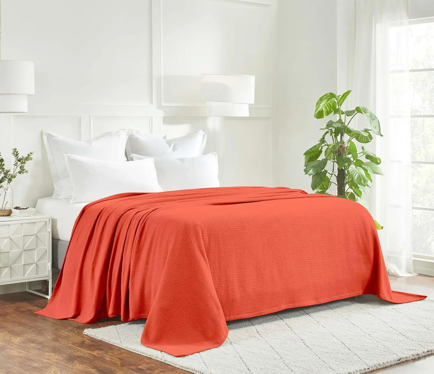 Superior Waffle Weave Cotton Blanket, for Picnic, Beach, Traveling or Camping, Comfy Blanket, Bedroom Decor, Essentials, Cover for Bed, Couch, Lounging, Honeycomb Knit, Twin, Coral
