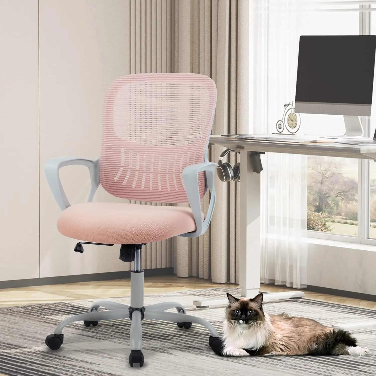 Sweetcrispy Home Office Computer Desk Managerial Executive Chair, Ergonomic Mid-Back Mesh Swivel Rolling Work with Wheels, Comfortable Lumbar Support, Comfy Arms for Bedroom, Study, Student