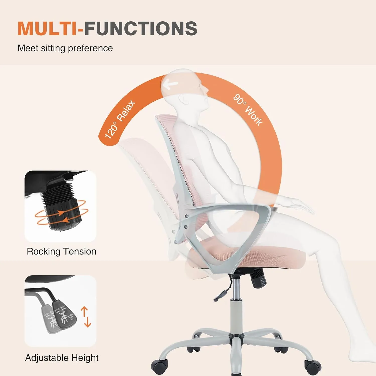 Sweetcrispy Home Office Computer Desk Managerial Executive Chair, Ergonomic Mid-Back Mesh Swivel Rolling Work with Wheels, Comfortable Lumbar Support, Comfy Arms for Bedroom, Study, Student