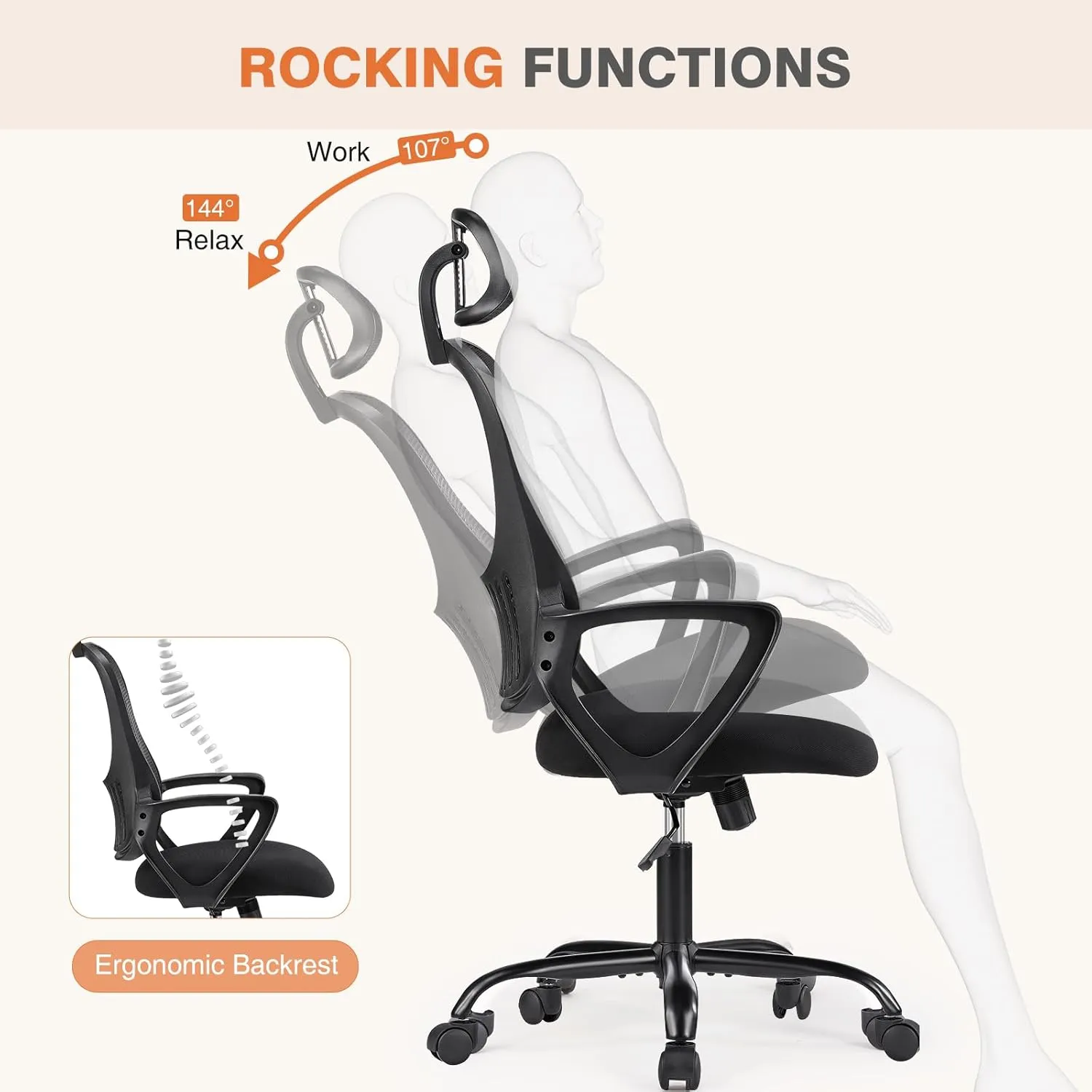 Sweetcrispy Office Computer Desk Chair, Ergonomic High-Back Mesh Rolling Work Chairs with Wheels and Adjustable Headrests, Comfortable Lumbar Support, Comfy Armrest for Home, Bedroom, Study,Black