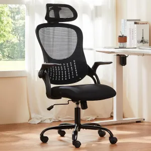 Sweetcrispy Office Computer Desk Chair, Ergonomic High-Back Mesh Rolling Work Chairs with Wheels and Adjustable Headrests, Comfortable Lumbar Support, Comfy Flip-up Arms for Home,Bedroom,Study, Black