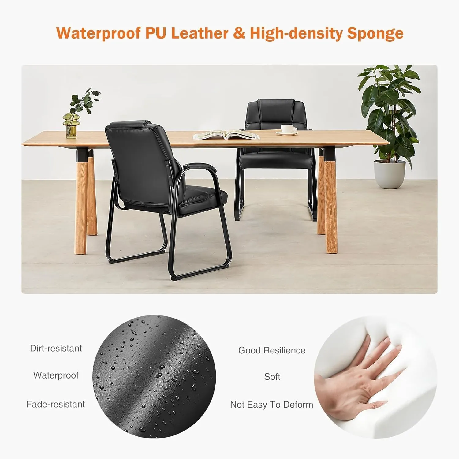 Sweetcrispy Waiting Room Guest Chair, Leather Stationary Office Reception Chairs No Wheel, Comfy Padded Arms and Seld Base, for Conference Room Lobby Home Computer Desk Bedroom Elderly, Black
