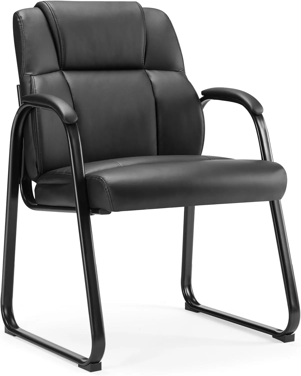 Sweetcrispy Waiting Room Guest Chair, Leather Stationary Office Reception Chairs No Wheel, Comfy Padded Arms and Seld Base, for Conference Room Lobby Home Computer Desk Bedroom Elderly, Black