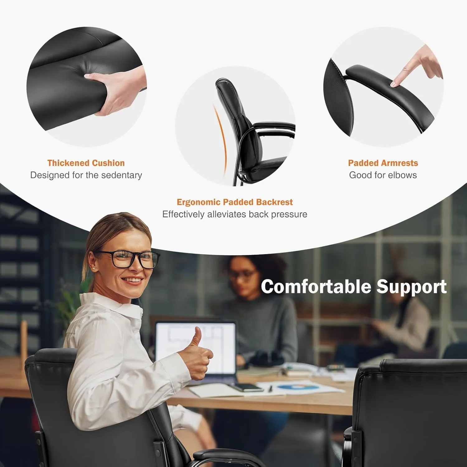 Sweetcrispy Waiting Room Guest Chair, Leather Stationary Office Reception Chairs No Wheel, Comfy Padded Arms and Seld Base, for Conference Room Lobby Home Computer Desk Bedroom Elderly, Black