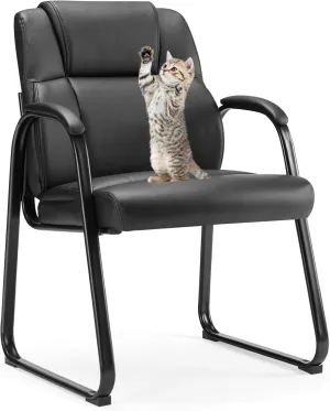 Sweetcrispy Waiting Room Guest Chair, Leather Stationary Office Reception Chairs No Wheel, Comfy Padded Arms and Seld Base, for Conference Room Lobby Home Computer Desk Bedroom Elderly, Black