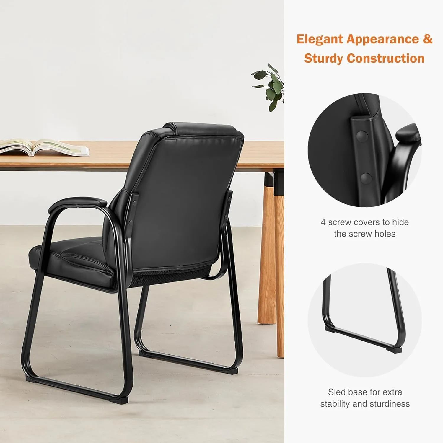 Sweetcrispy Waiting Room Guest Chair, Leather Stationary Office Reception Chairs No Wheel, Comfy Padded Arms and Seld Base, for Conference Room Lobby Home Computer Desk Bedroom Elderly, Black