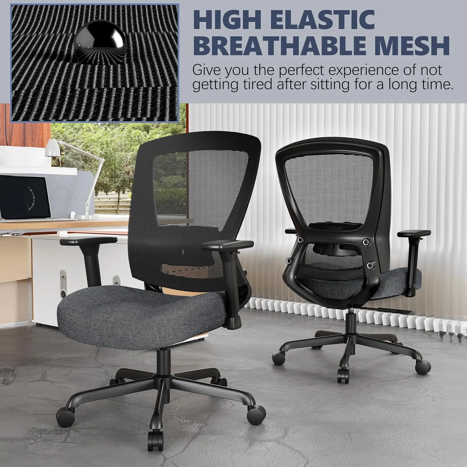 T96C Ergonomic Home Office Chair, Mesh Computer Desk Chair with 4D Armrests, Adjustable Lumbar Support,Tilt Function, Executive Rolling Swivel Task Chair for Long Hours (Mist - Upholstered Seat)