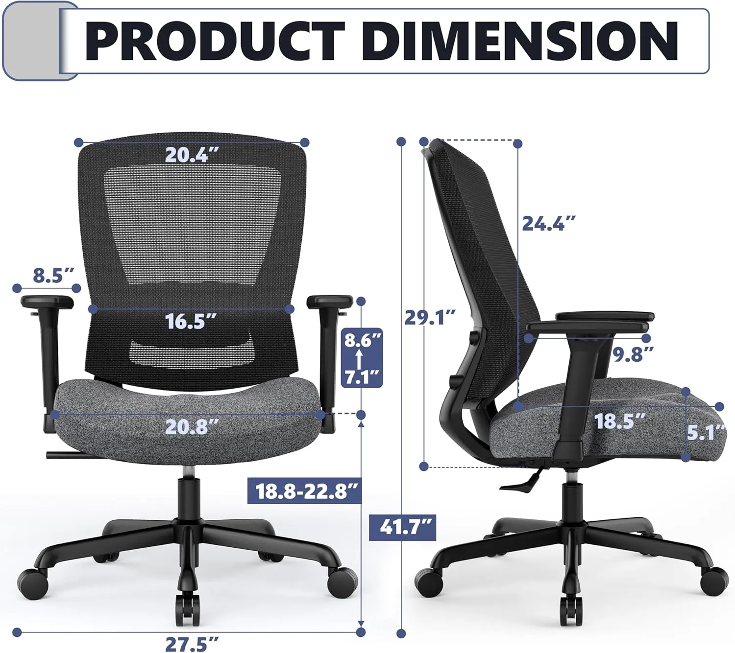 T96C Ergonomic Home Office Chair, Mesh Computer Desk Chair with 4D Armrests, Adjustable Lumbar Support,Tilt Function, Executive Rolling Swivel Task Chair for Long Hours (Mist - Upholstered Seat)