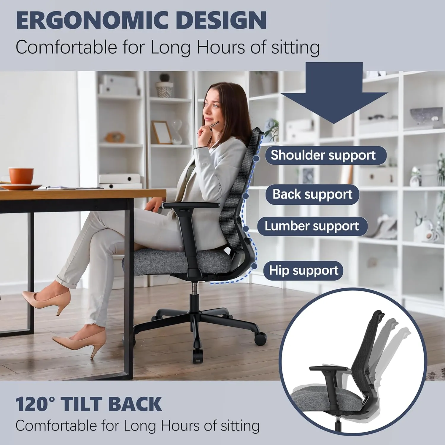 T96C Ergonomic Home Office Chair, Mesh Computer Desk Chair with 4D Armrests, Adjustable Lumbar Support,Tilt Function, Executive Rolling Swivel Task Chair for Long Hours (Mist - Upholstered Seat)