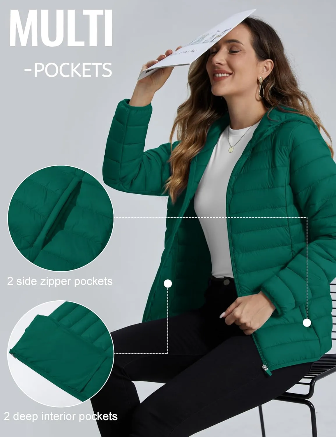 TACVASEN Women's Lightweight Puffer Jacket with Hood Pockets Quilted Padded Full-zip Winter Coat