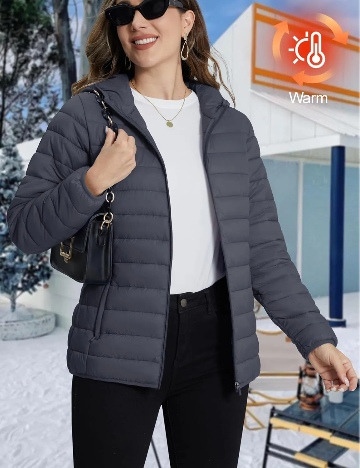 TACVASEN Women's Lightweight Puffer Jacket with Hood Pockets Quilted Padded Full-zip Winter Coat