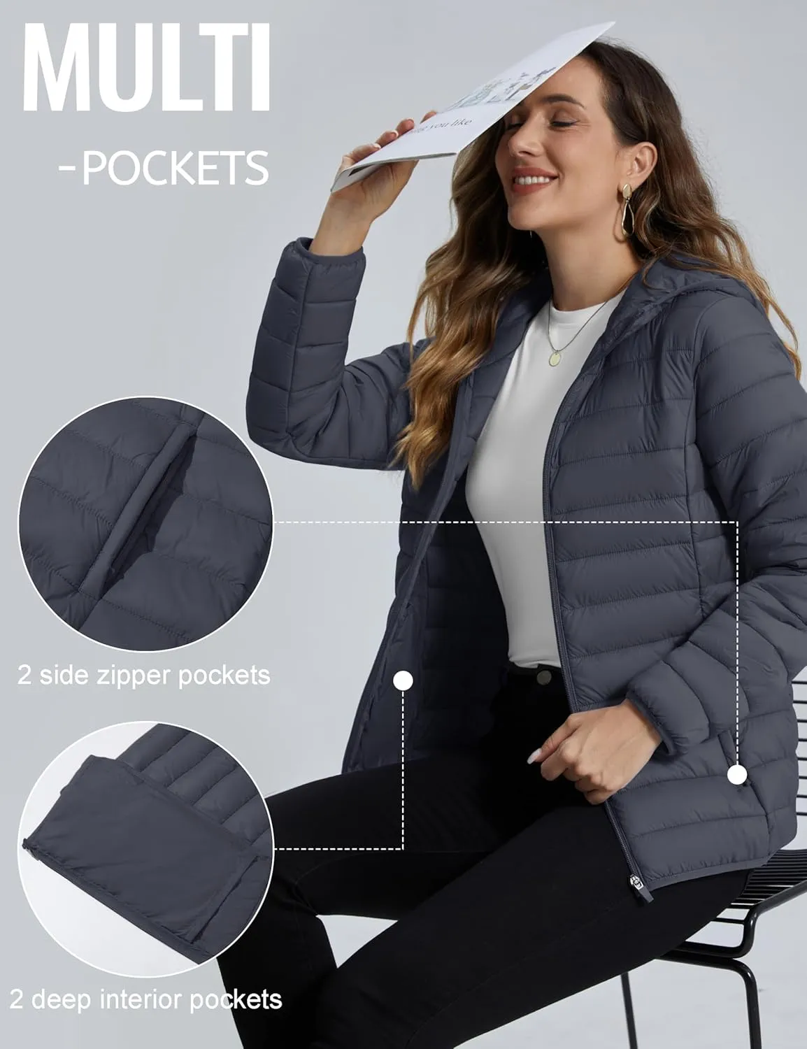 TACVASEN Women's Lightweight Puffer Jacket with Hood Pockets Quilted Padded Full-zip Winter Coat