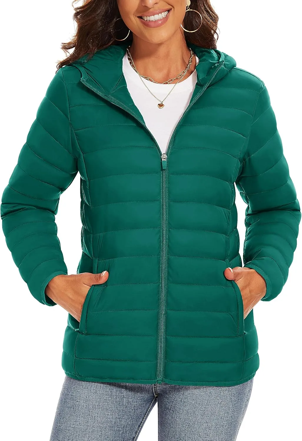 TACVASEN Women's Lightweight Puffer Jacket with Hood Pockets Quilted Padded Full-zip Winter Coat