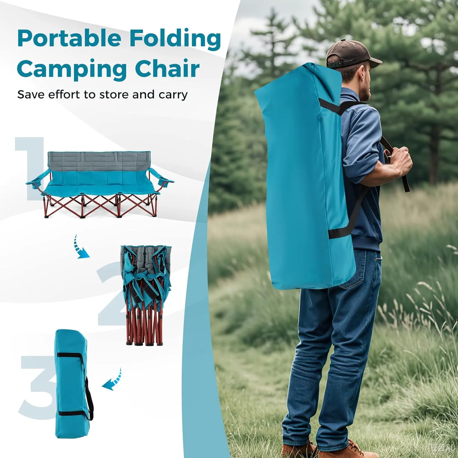 Tangkula 3 Person Oversized Camping Chair, Fully Padded Folding Camp Chair with Adjustable Armrests, Cup Holders, Carrying Bag, Portable Outdoor Lawn Chair for Camping, Support 900LBS