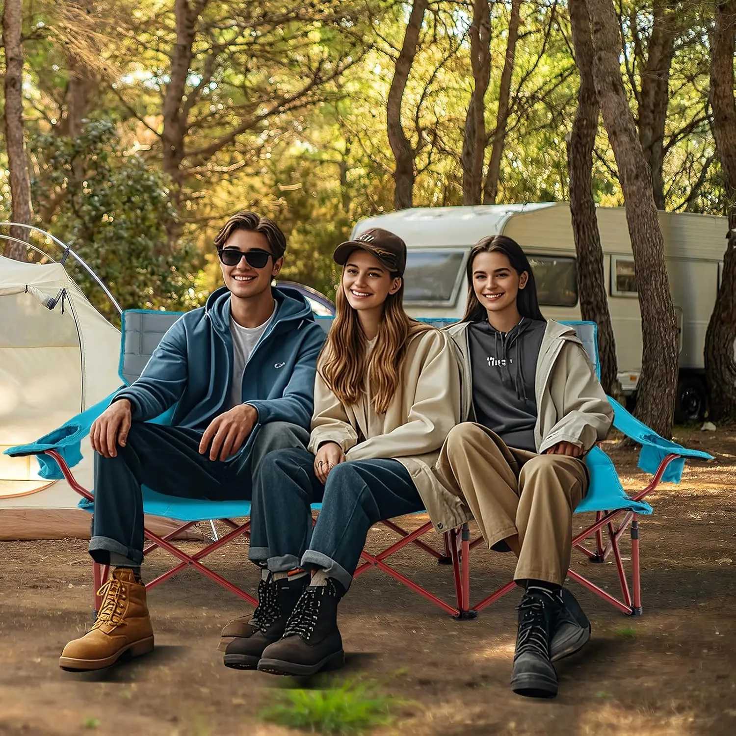 Tangkula 3 Person Oversized Camping Chair, Fully Padded Folding Camp Chair with Adjustable Armrests, Cup Holders, Carrying Bag, Portable Outdoor Lawn Chair for Camping, Support 900LBS