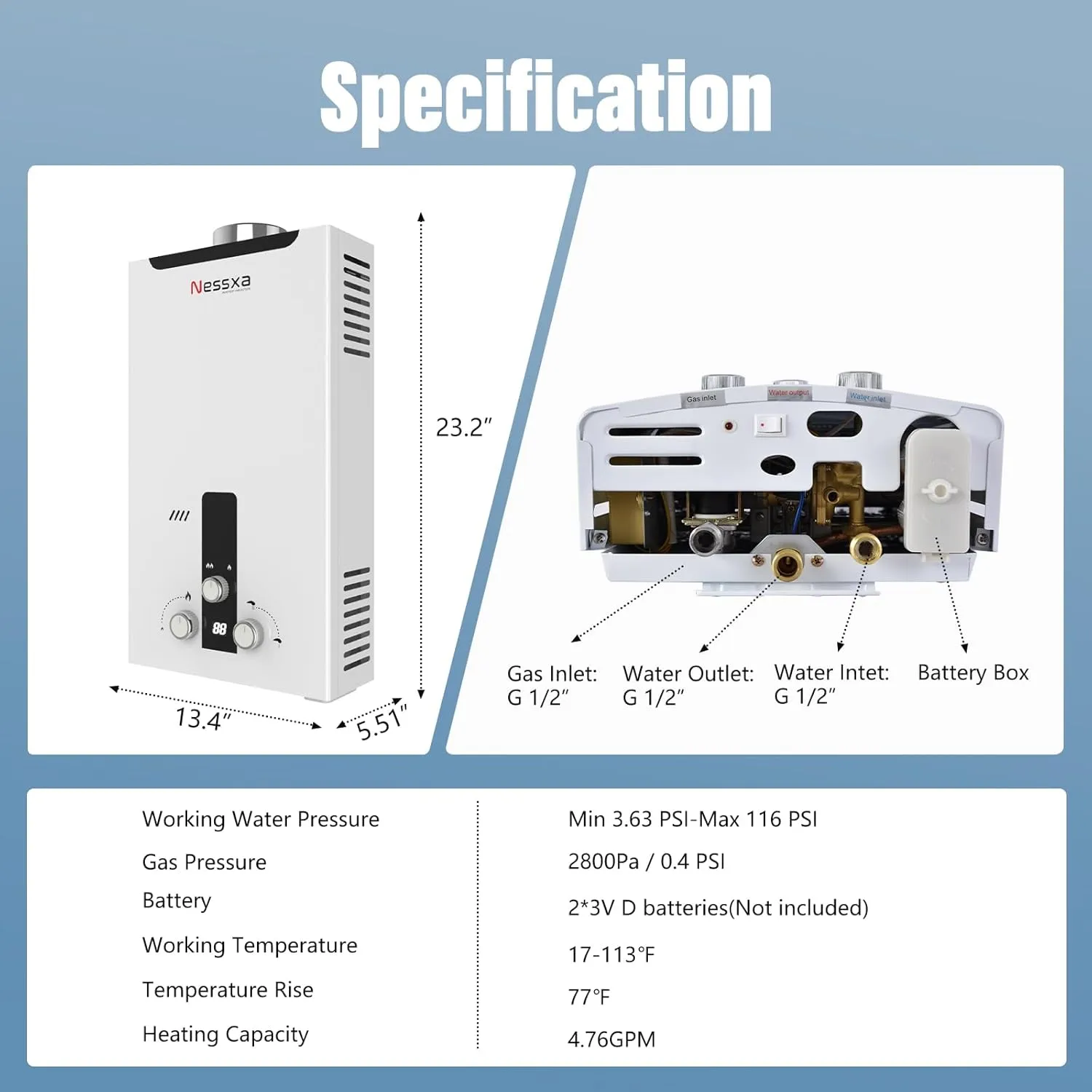 Tankless Water Heater Propane, 4.76 GPM RV with Digital Display,18L Portable Instant Hot Gas with Overheating Protection for Indoor and Camping,115,425 BTU