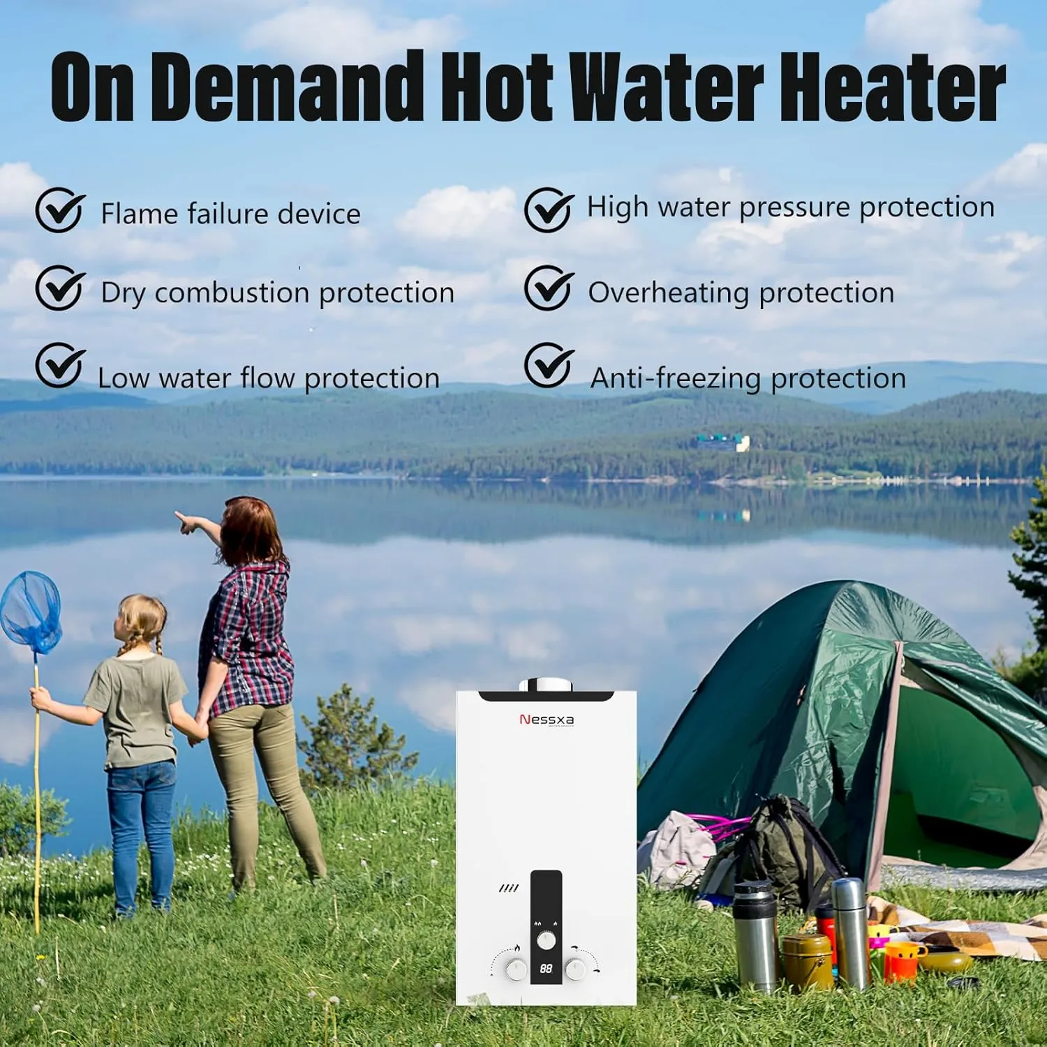 Tankless Water Heater Propane, 4.76 GPM RV with Digital Display,18L Portable Instant Hot Gas with Overheating Protection for Indoor and Camping,115,425 BTU