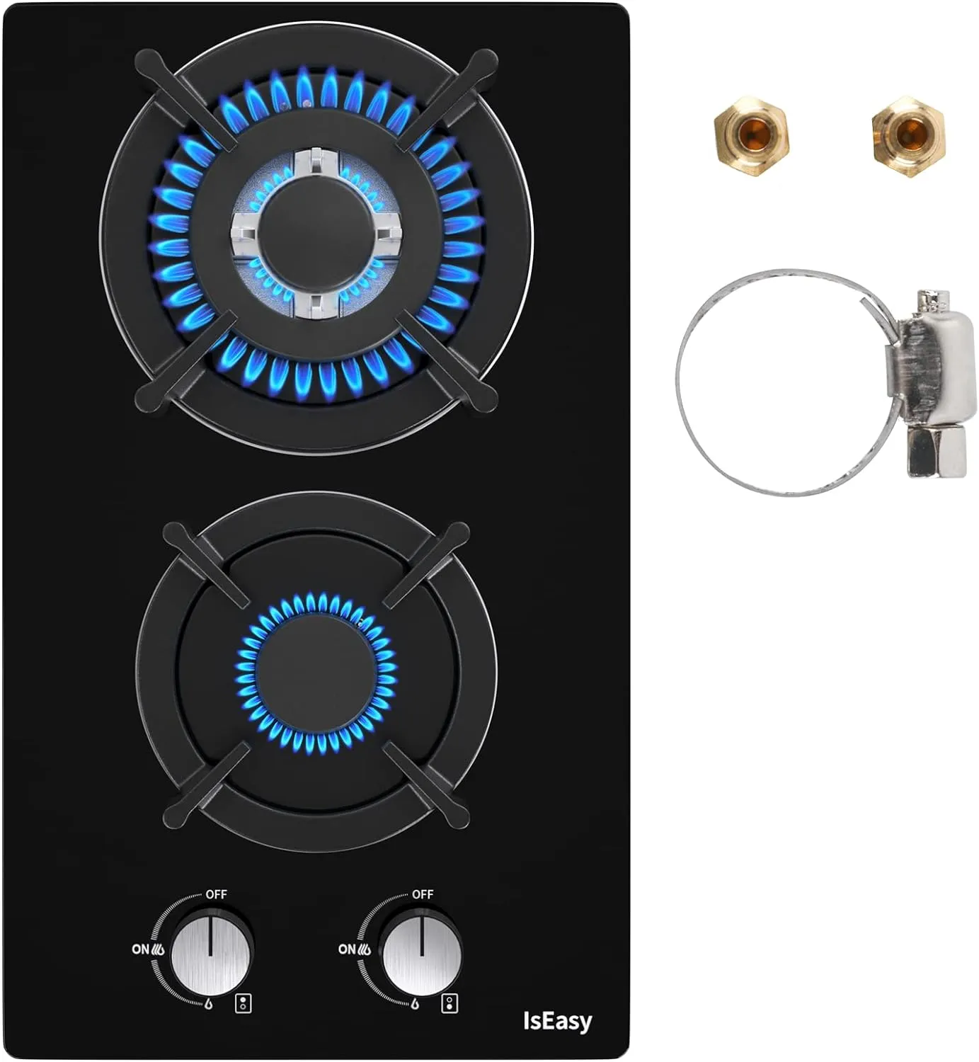Tempered Glass Gas Cooktop, 12 In Gas Stove Top Gas Cooktop 2 Burners, 120V Built-in Gas Hob Suitable For Dual Fuel LPG/NG, Thermocouple Protection-IsEasy