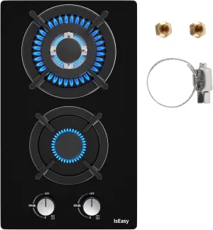 Tempered Glass Gas Cooktop, 12 In Gas Stove Top Gas Cooktop 2 Burners, 120V Built-in Gas Hob Suitable For Dual Fuel LPG/NG, Thermocouple Protection-IsEasy