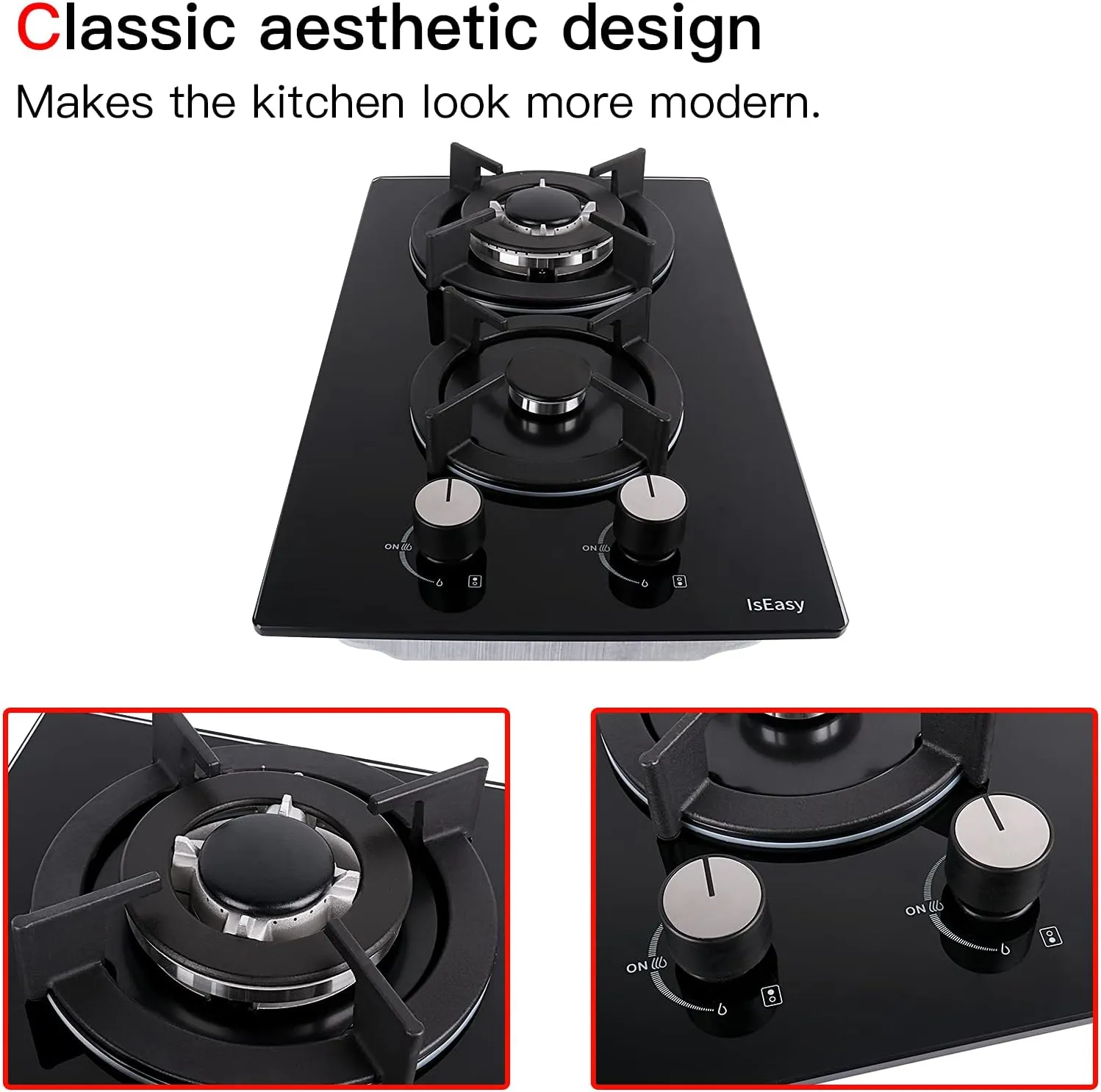 Tempered Glass Gas Cooktop, 12 In Gas Stove Top Gas Cooktop 2 Burners, 120V Built-in Gas Hob Suitable For Dual Fuel LPG/NG, Thermocouple Protection-IsEasy
