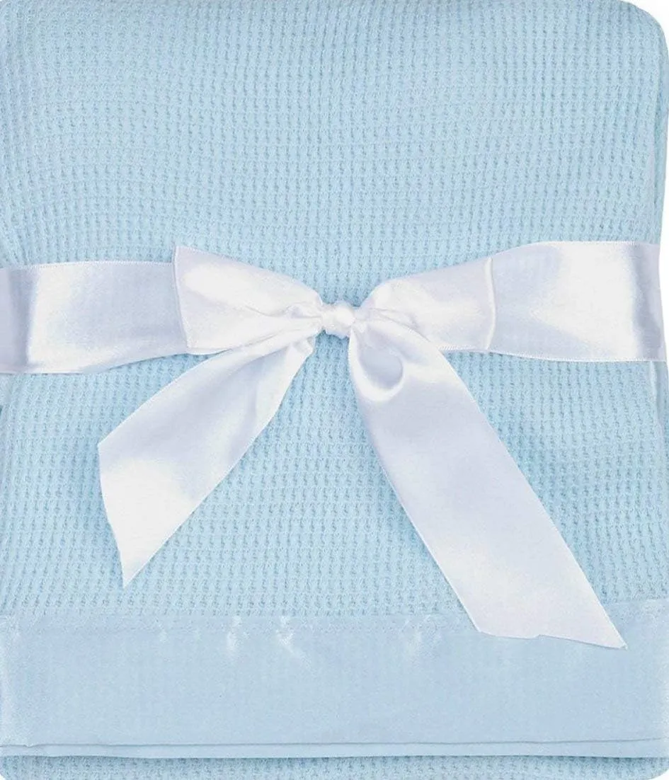 Thermal Waffle Weave Baby Blanket with Satin Nylon Trim (Blue)