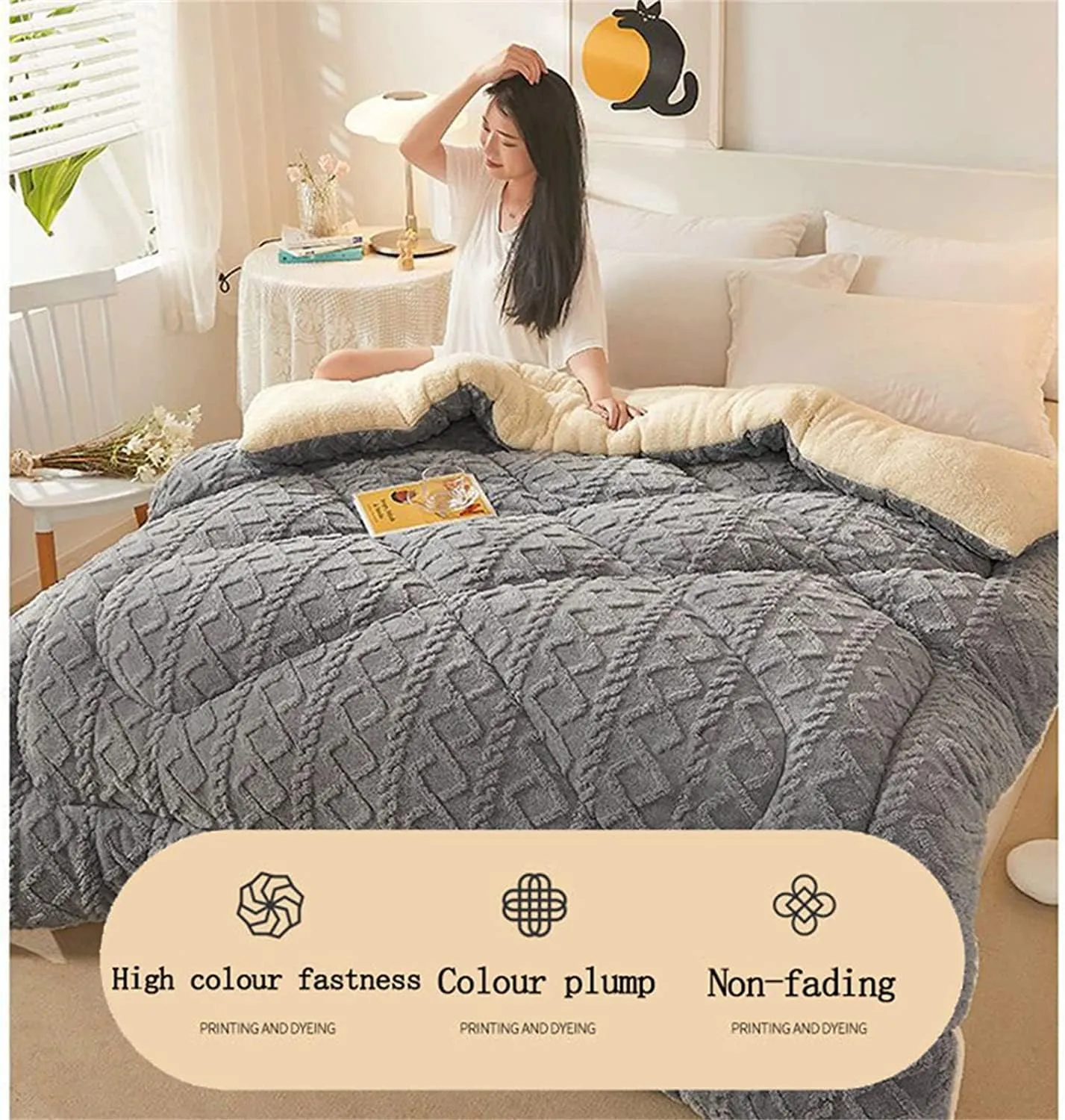Thickened Super Soft Insulation Hibiscus Winter Quilt, Cashmere and Double Fabrics, Breathable Warmth Fluffy Plush Sided Velvet Blanket (Grey,150 * 200cm/59.05 78.74in (3KG))