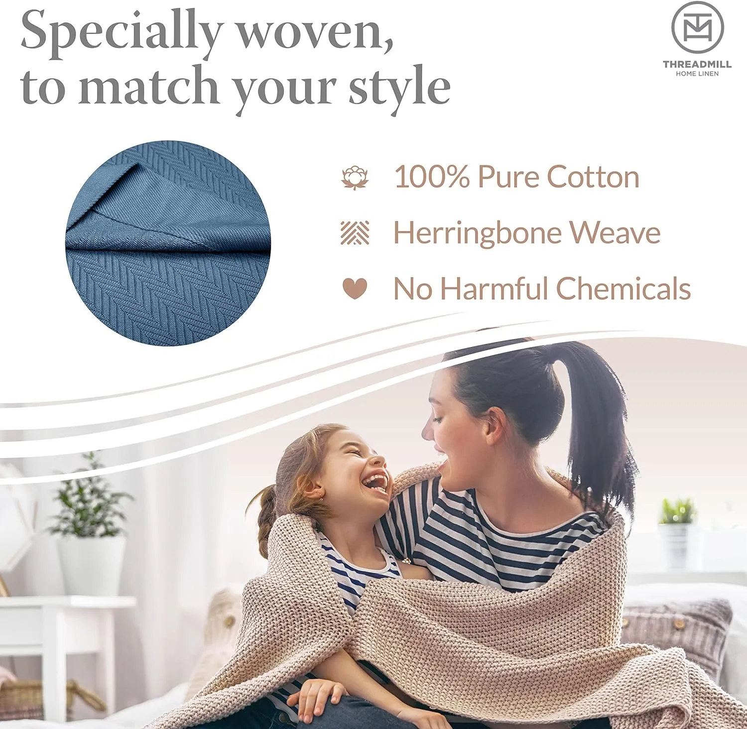Threadmill Luxury Cotton Blankets for King Size Bed | All-Season Cozy 100% Cotton King Size Blanket | Herringbone Soft Fall Thermal Blanket fits Cal King Size Bed | Folkstone Blue