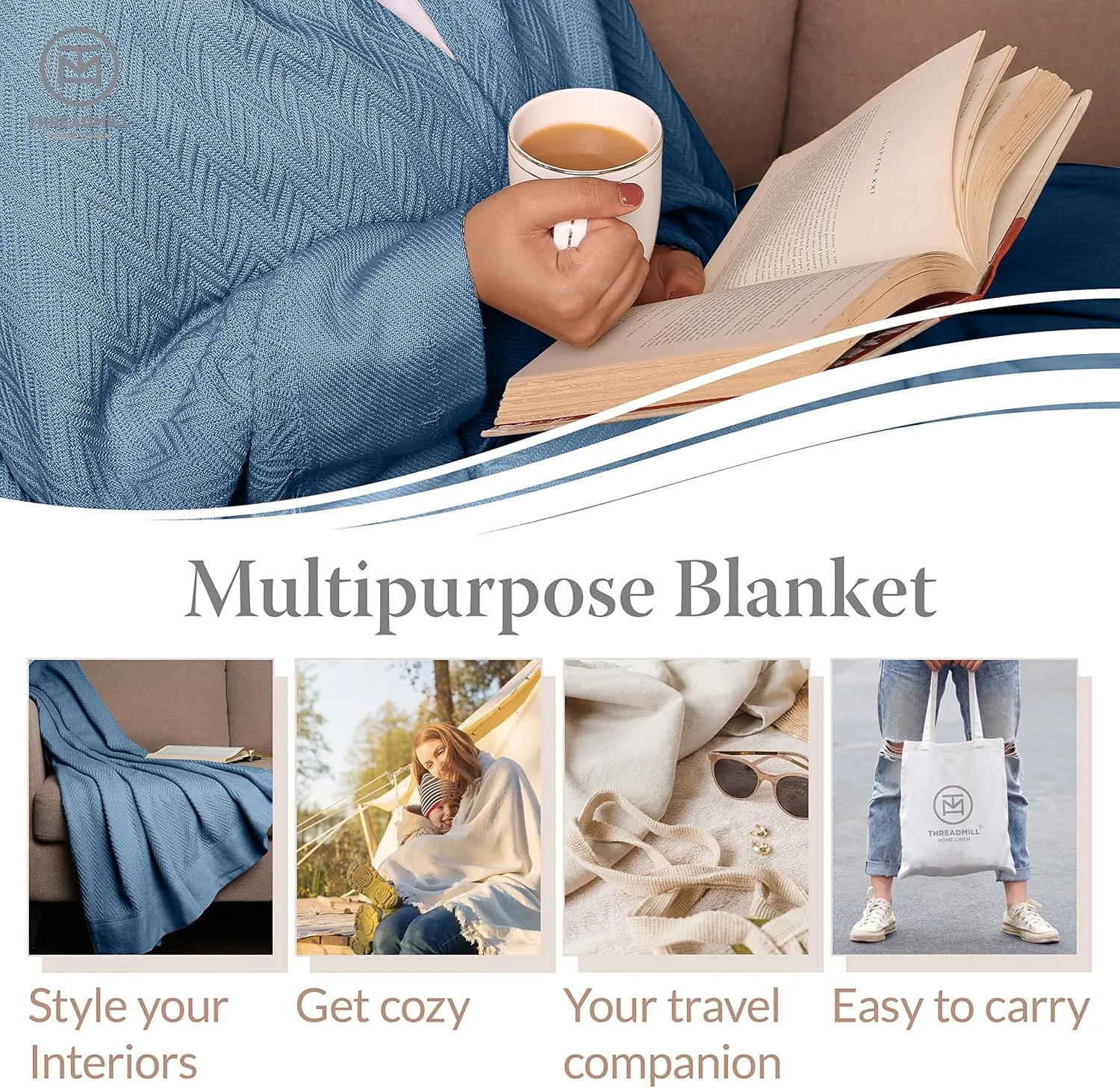 Threadmill Luxury Cotton Blankets for King Size Bed | All-Season Cozy 100% Cotton King Size Blanket | Herringbone Soft Fall Thermal Blanket fits Cal King Size Bed | Folkstone Blue