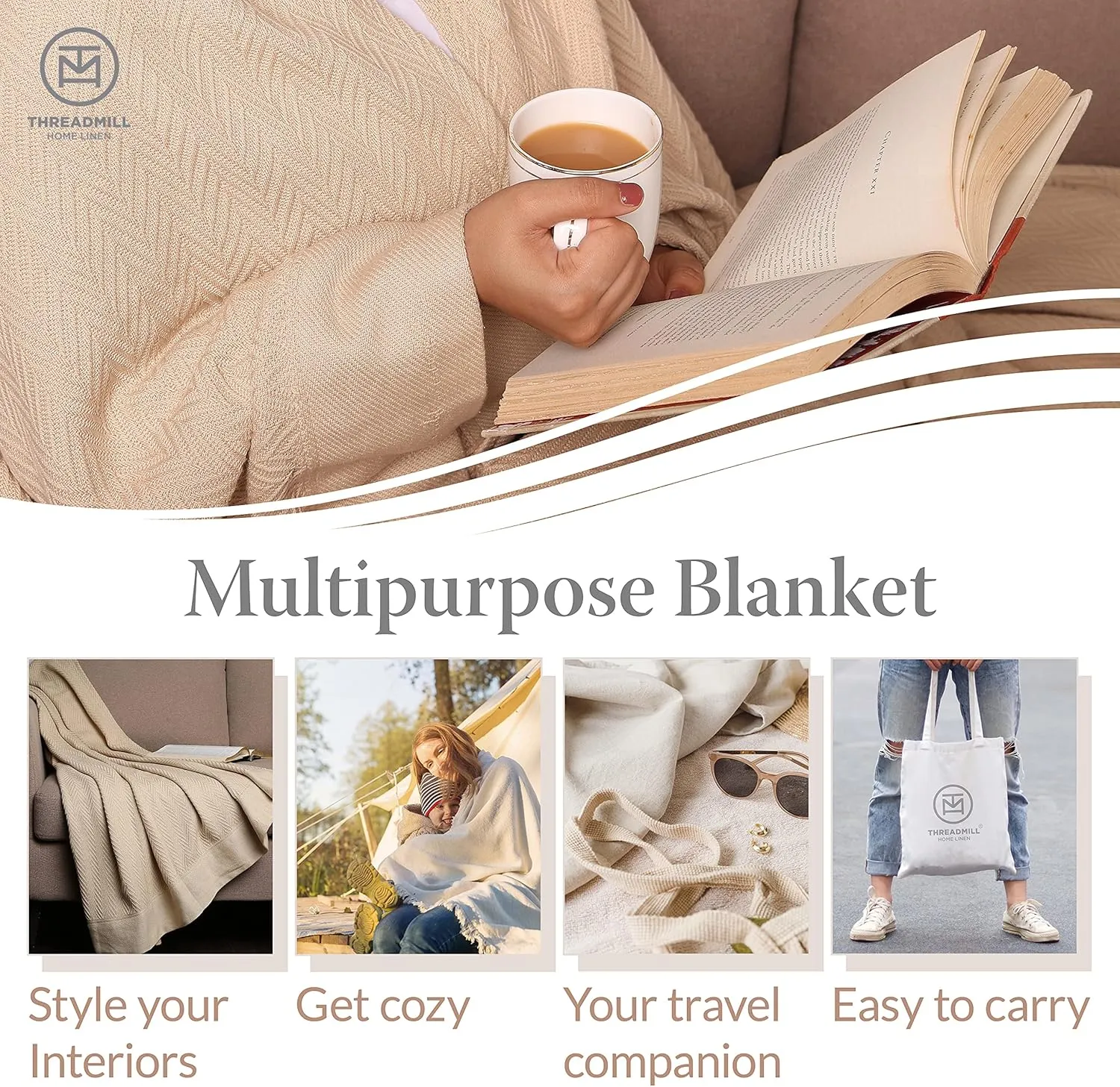 Threadmill Luxury Cotton Blankets for King Size Bed | All-Season Cozy 100% Cotton King Size Blanket | Herringbone Soft Fall Thermal Blanket fits Cal King Size Bed | Scottish Grey