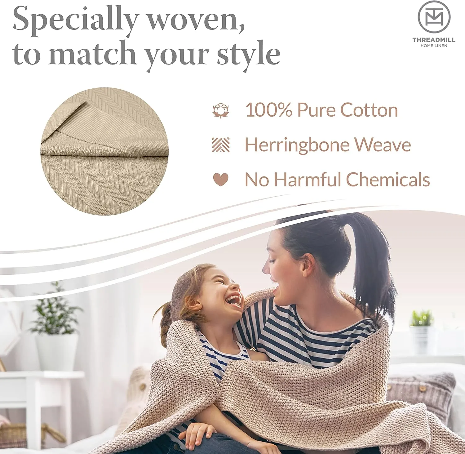 Threadmill Luxury Cotton Blankets for King Size Bed | All-Season Cozy 100% Cotton King Size Blanket | Herringbone Soft Fall Thermal Blanket fits California King Size Bed, 106x92 | Beige