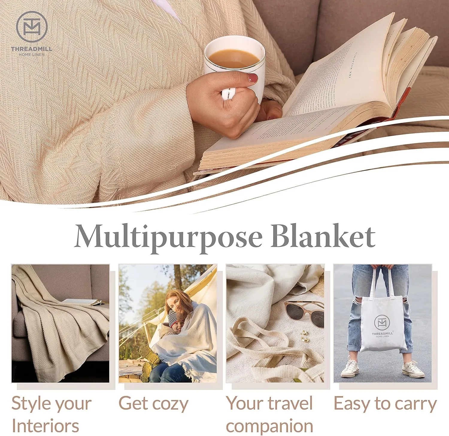 Threadmill Luxury Cotton Blankets for King Size Bed | All-Season Cozy 100% Cotton King Size Blanket | Herringbone Soft Fall Thermal Blanket fits California King Size Bed, 106x92 | Beige