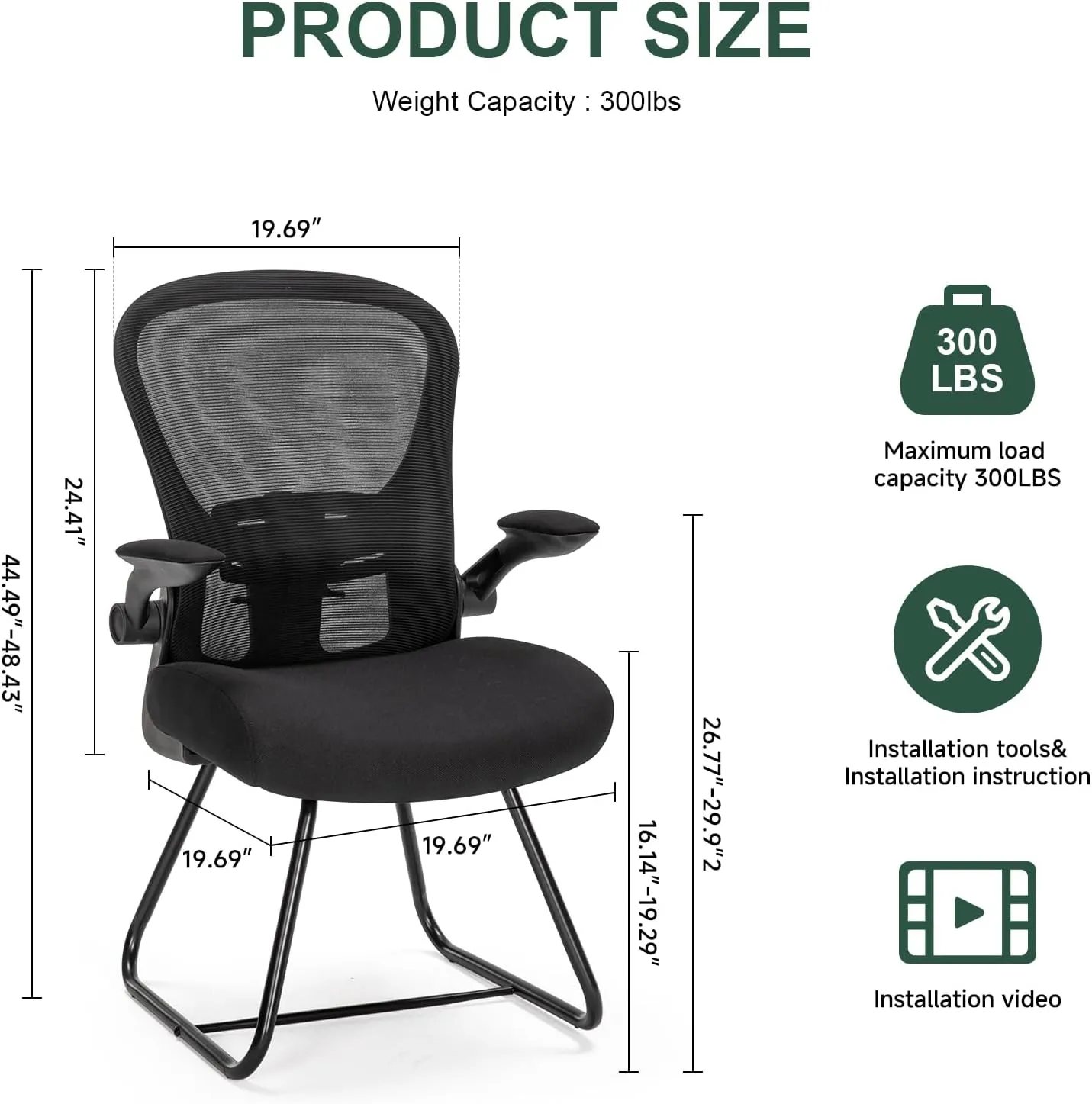 TLLMOON-6066 Fixed Support Seat Comfortable and Convenient Ergonomic Office Mesh Chair Adjustable Office Chair Suitable for Gaming, Studying, Resting, Office Work（Black）