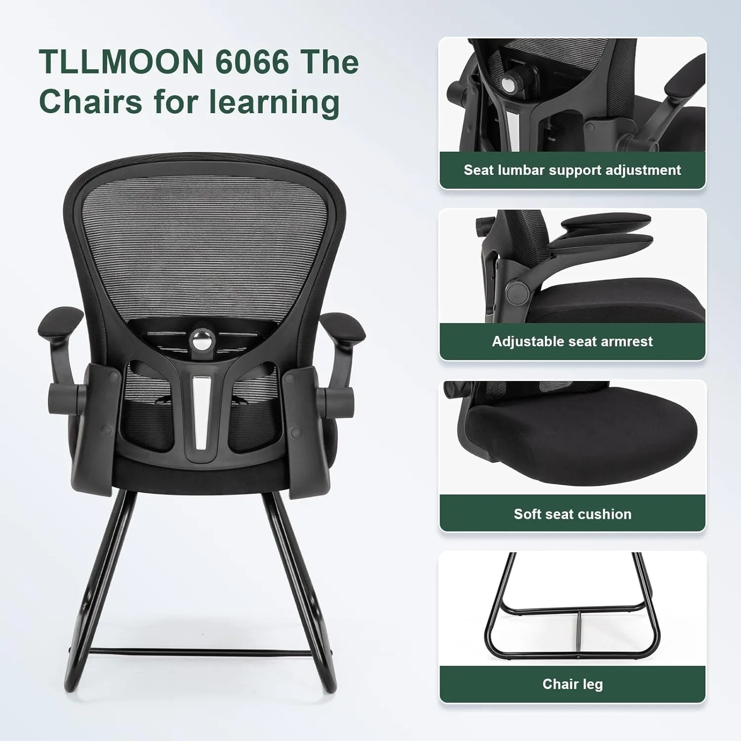 TLLMOON-6066 Fixed Support Seat Comfortable and Convenient Ergonomic Office Mesh Chair Adjustable Office Chair Suitable for Gaming, Studying, Resting, Office Work（Black）