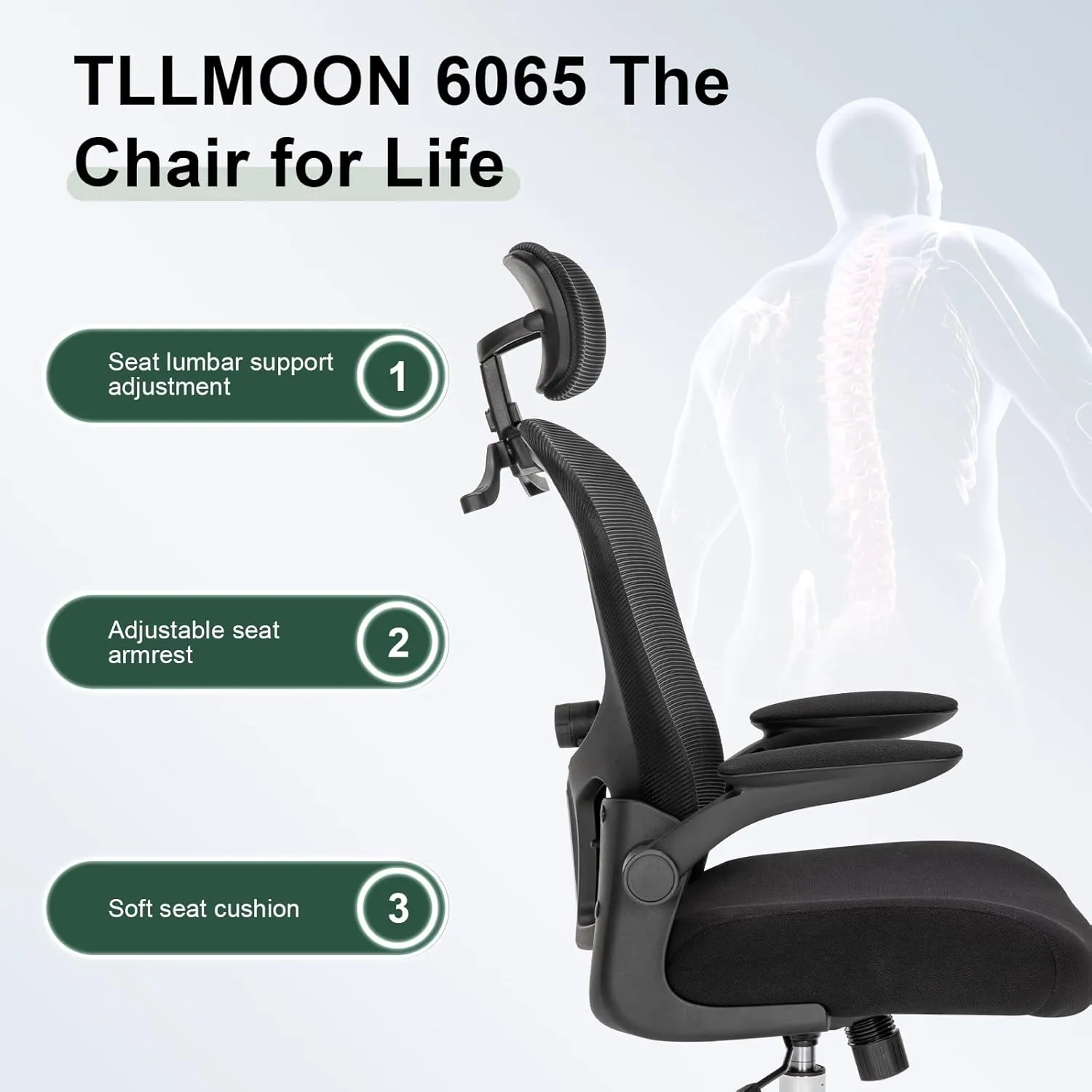 TLLMOON-6066 Fixed Support Seat Comfortable and Convenient Ergonomic Office Mesh Chair Adjustable Office Chair Suitable for Gaming, Studying, Resting, Office Work（Black）